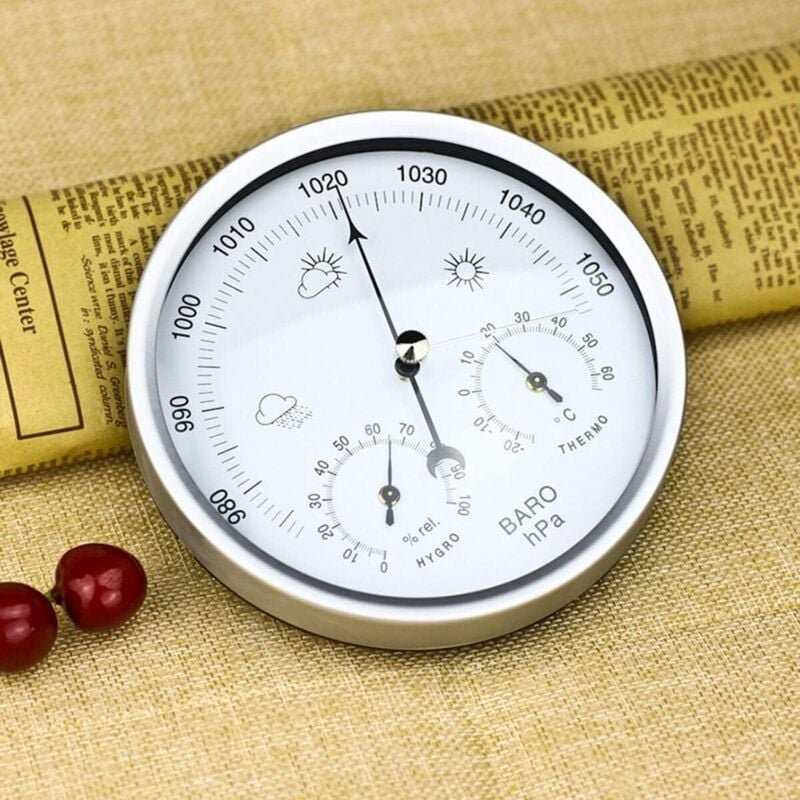 3-in-1-Barometer-Thermometer zum Aufhängen an der Wand – silberfarbenes Metallbarometer für Zuhause – 132 mm Luftdruckme...