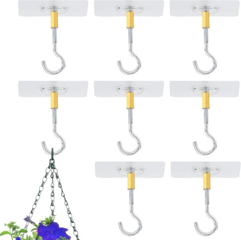 8 Stück selbstklebende Deckenhaken ohne Bohren, transparente Haken zum Aufhängen von Pflanzen mit Edelstahlhaken für die...