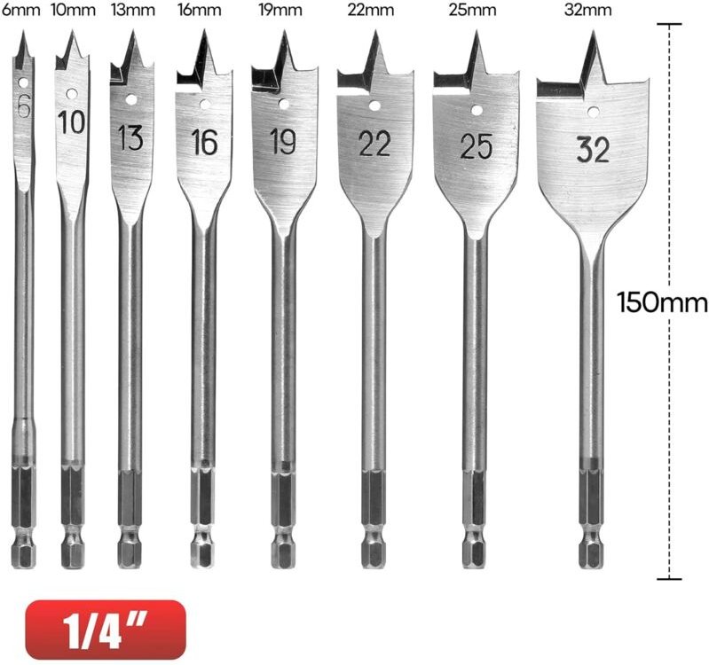 8-teiliger Flachbohrer-Satz, 1/4 Zoll Schnellwechsel-Sechskantschaft, Ø 6-32 mm, (für Weichholz, Spanplatten), mit Aufbe...
