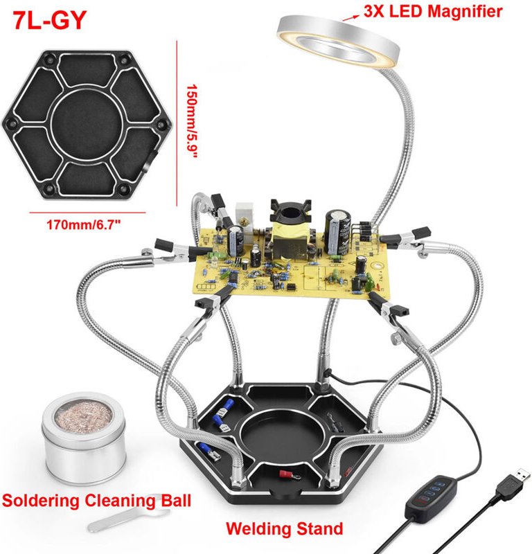 Löten mit dritter Hand, dritte 3. Hand mit 6 verstellbaren flexiblen Armen, 3-fache LED-Lupe für elektronische Reparatur...