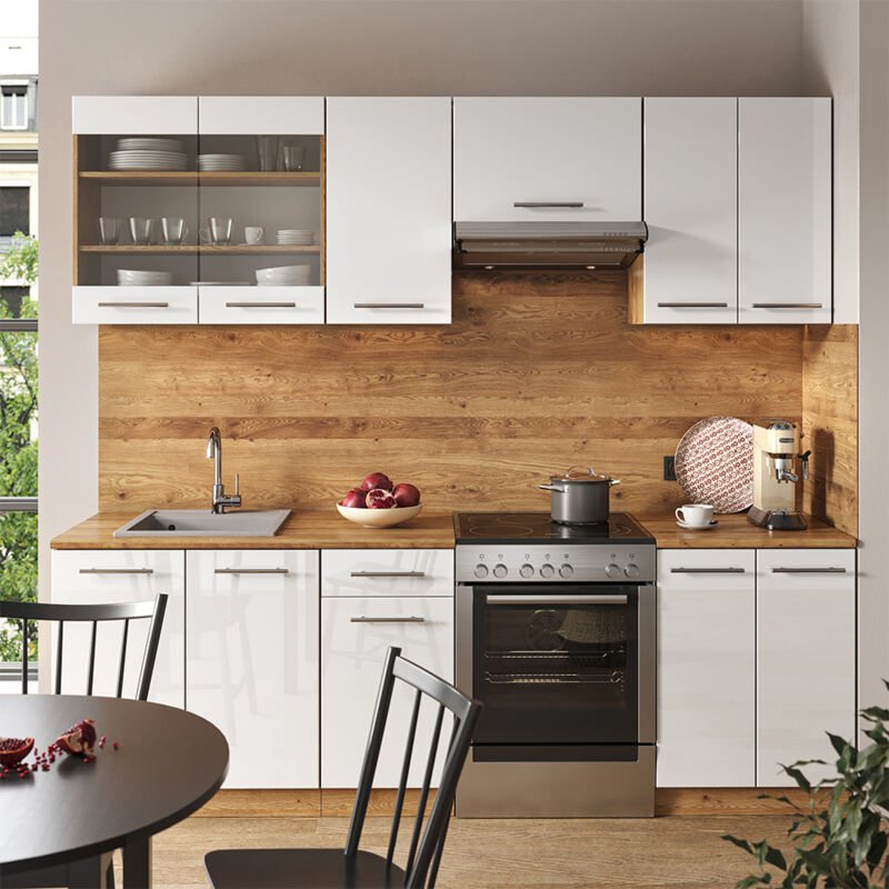 Vicco - Küchenzeile Fame-Line, Weiß Hochglanz/Goldkraft Eiche, 240 cm ohne Arbeitsplatte