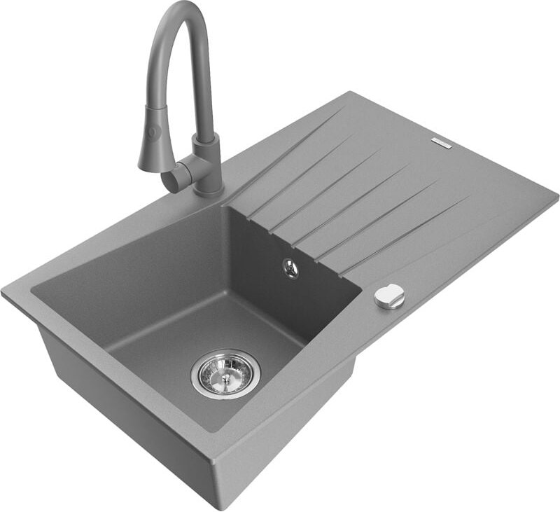 Cesar 1 Becken-Granitspüle mit Abtropffläche und Mischbatterie Elia, Grau - 6514-71-670101-71 - Mexen