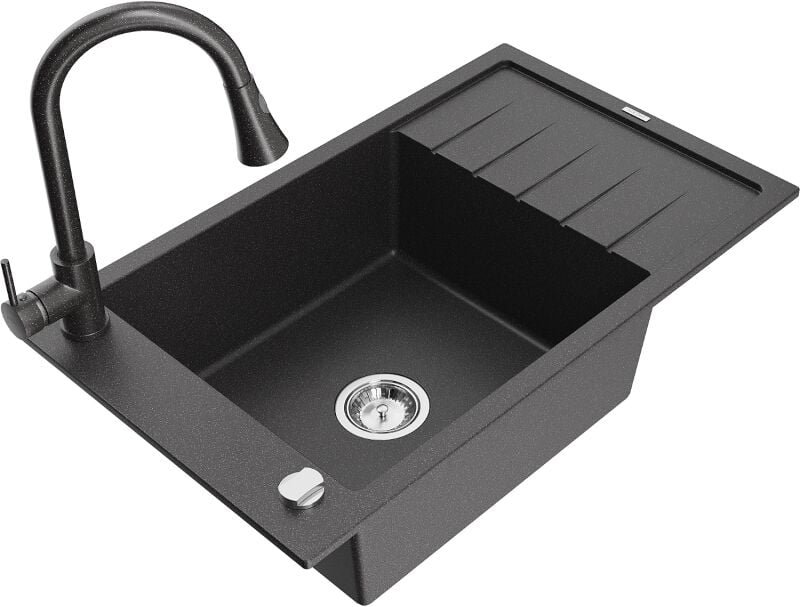 Elias Granitspüle 1-becken Mit Abtropffl√§che Und Küchenarmatur Elia, Schwarz Gesprenkelt - 6511-76-670101-76 - Mexen