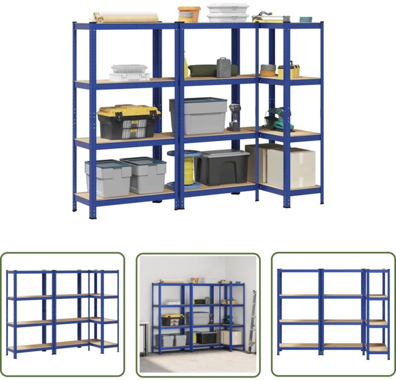 VidaXL Lagerregale mit 4 Böden 3 Stk. Blau Stahl & Holzwerkstoff