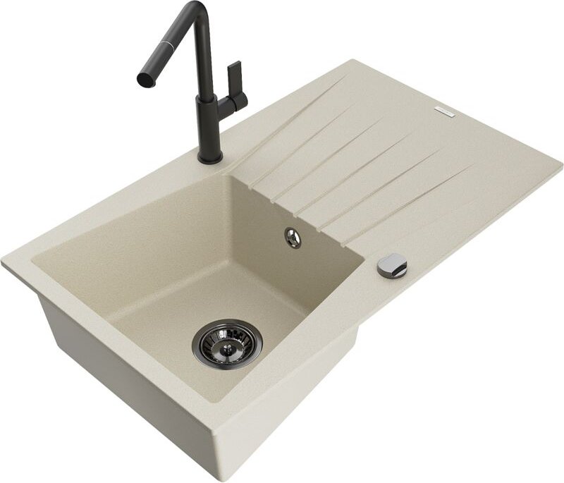 Cesar 1 Becken-Granitspüle mit Abtropffläche und Mischbatterie Flora, Beige - 6514-69-670401-7 - Mexen