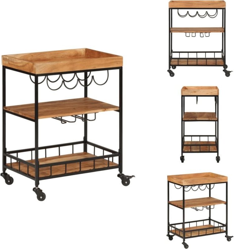 Barwagen 60x40x80 cm Massivholz Akazie und Eisen - Barwagen - Getränkewagen - Küchenwagen - Holztisch - Akasieholzküche