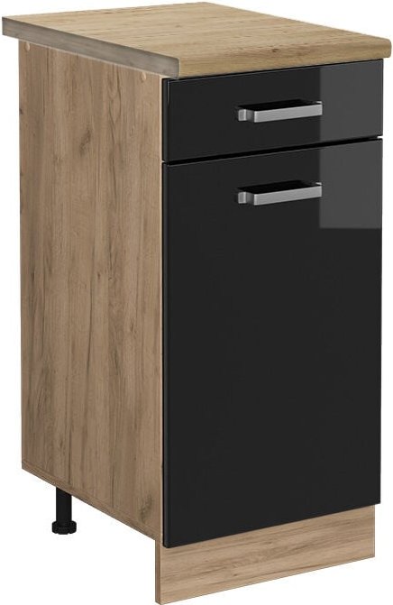 Vicco - Küchenunterschrank R-Line, Schwarz Hochglanz, 40 cm , ap Eiche