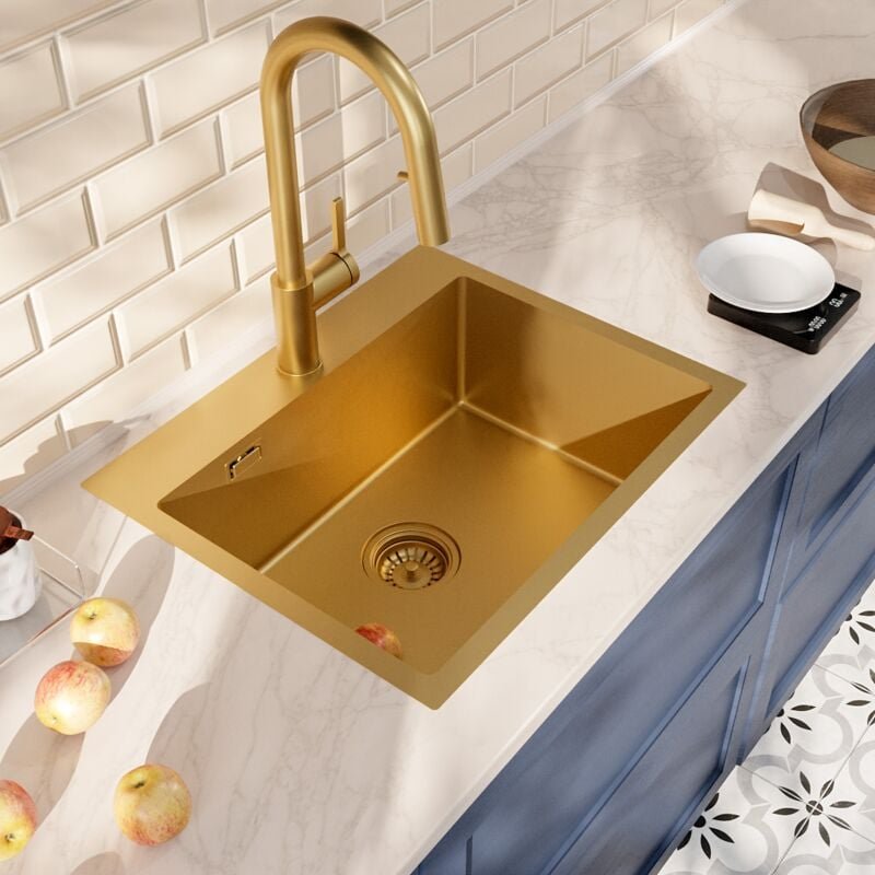 Ceramia Einbauspüle 55x45 cm + Armatur mit Brause, Edelstahl, Gold gebürstet, Variante 2