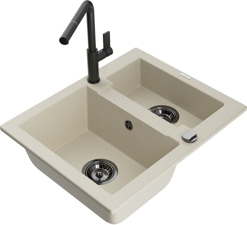 Carlos 1,5-Becken-Granitspüle mit Mischbatterie Flora, Beige - 6518-69-670401-70-B - Mexen