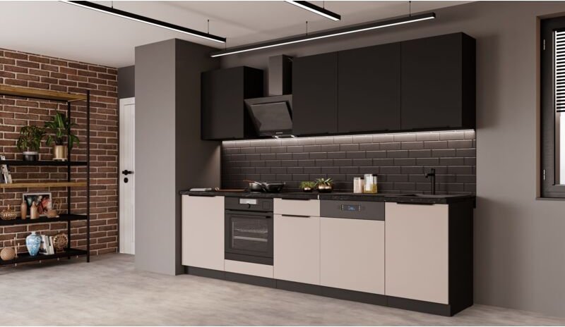 Küchen Preisbombe - Küche arona + siena basic 280 cm Küchenzeile Küchenblock Einbauküche Kaschmir beige matt + Schwarz m...