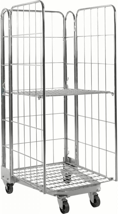 Kongamek Rollcontainer verzinkt 800x730x1910mm stapelbar mit Gitterboden und 3 Gitterwänden mit Bremse