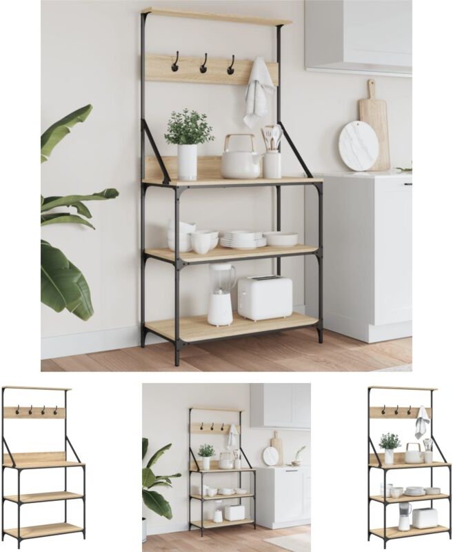 The Living Store - Bäckerregal mit Haken 4 Böden Sonoma-Eiche Holzwerkstoff - Küchenutensilienhalter & -ablagen