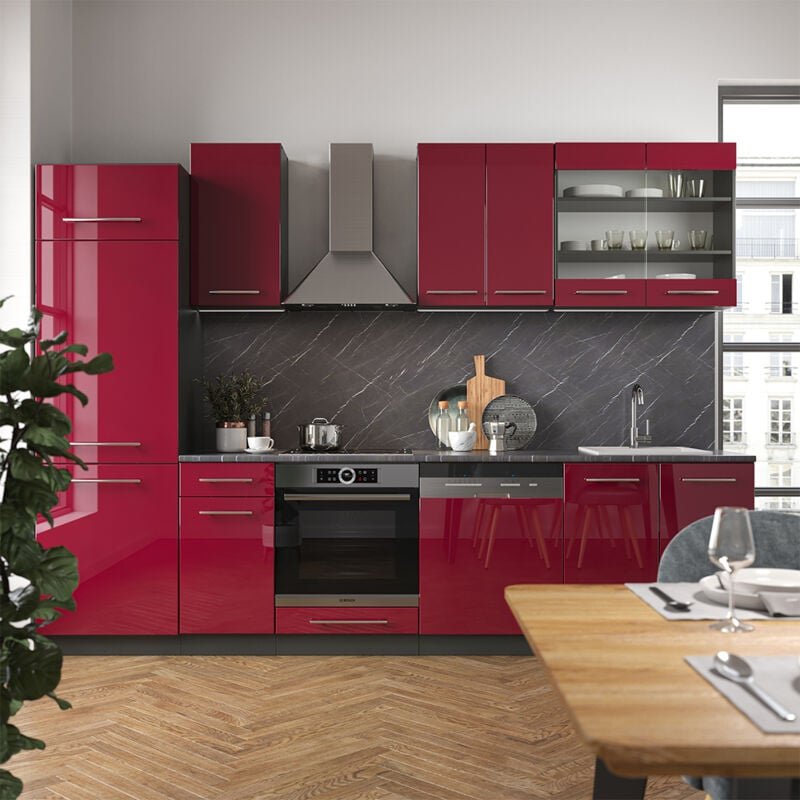 Vicco - Küchenzeile Fame-Line, Bordeaux Hochglanz/Anthrazit, 300 cm ohne Arbeitsplatte