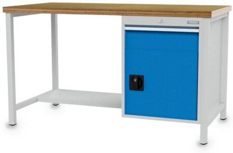 Kastenwerkbank Breite 1500 mm, R18-24, 1 x Schublade, 1 x Flügeltüre, 1 x Stahlfachboden halbe Tiefe Maße in mm (BxTxH):...