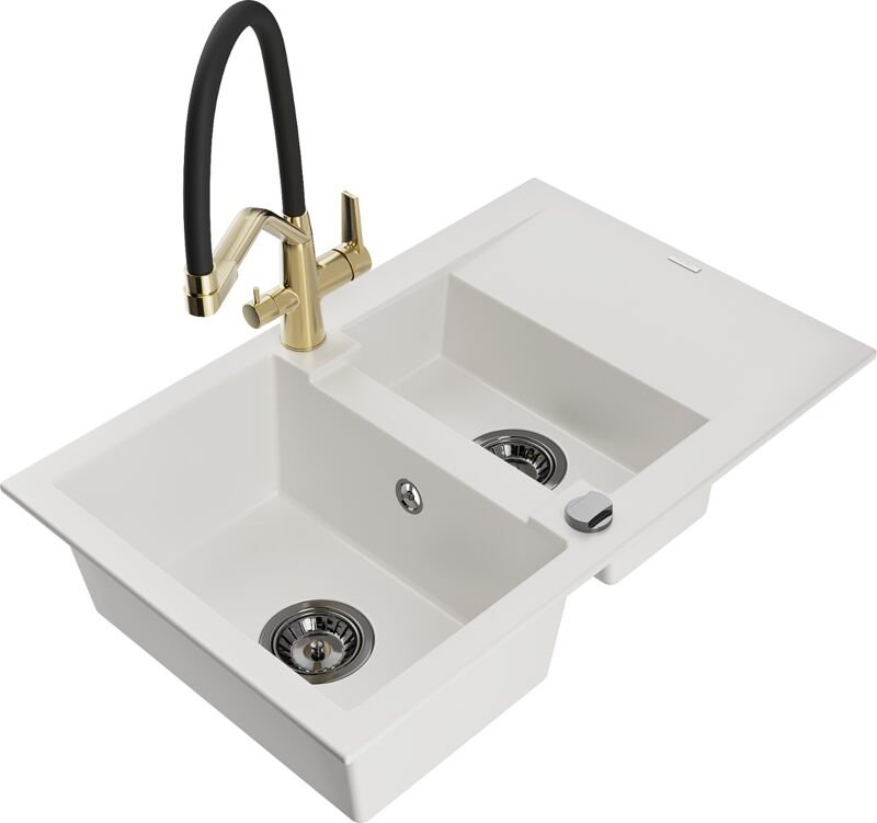 Thumbnail - Gaspar 1,5-Becken-Granitspüle mit Abtropffläche und Mischbatterie Duo, Weiß - 6507-20-671701-5 - Mexen