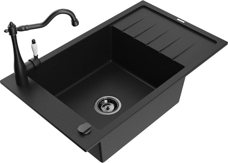 Elias 1 Becken-Granitspüle mit Abtropffläche und Mischbatterie Carla, Schwarz - 6511-77-670700 - Mexen