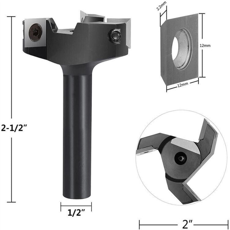 Thumbnail - 12 mm Schaft, 60 mm Schnittdurchmesser, Planfräser mit 3 Einsätzen, Holzfräser, Hobelfräser, Oberflächenfräser
