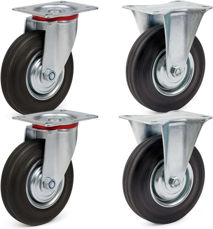 Transportrollen Set 75mm 2x Lenkrolle ungebremst und 2x Bockrolle, mit Anbauplatte, 50kg pro Rad - Wiltec