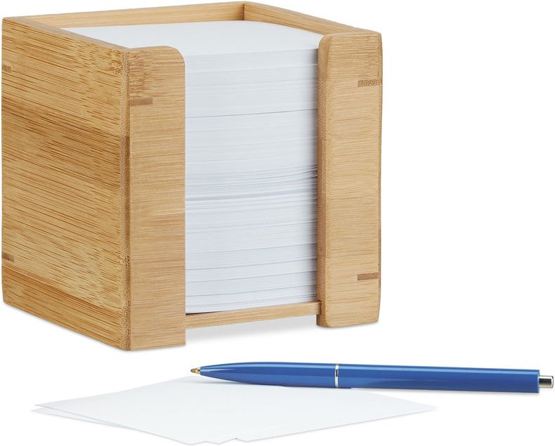 Relaxdays - Zettelbox Bambus, Zettelkasten Holz, Notizzettel Halter, 900 Blatt, h x b x t: 10,5 x 10,5 x 10,5 cm, natur