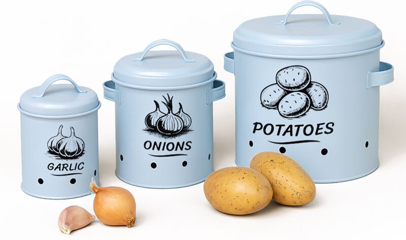 Relaxdays Kartoffel Aufbewahrungsbox, Zwiebeln, Knoblauch, 3er Set, mit Deckel & Löchern, Metall, Zwiebeltopf, hellblau