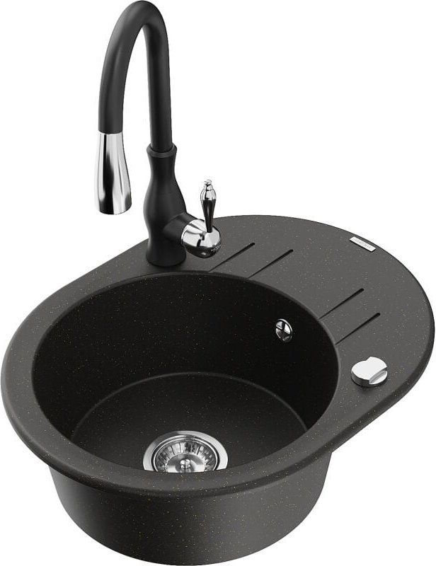 Kevin 1 Becken-Granitspüle mit Abtropffl√§che und Mischbatterie Savita, Schwarz/Gold metallisch - 6517-75-672601-70 - Me...