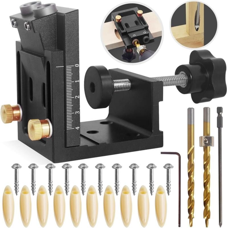 Taschenloch-Vorrichtungs-Werkzeugsatz für die Holzbearbeitung, Taschenloch-Vorrichtungs-Set, Bohrführung für 15° geneigt...