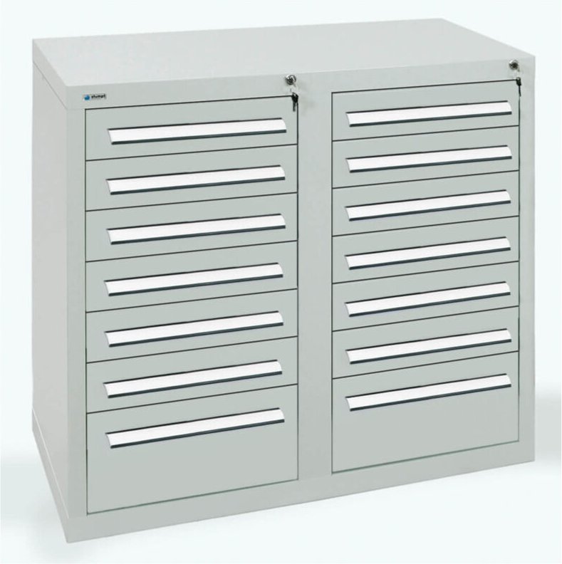 Schubladenschrank Serie T-100/35-2, 14 Schubladen lichtgrau (12x100, 2x200mm) - Stumpf