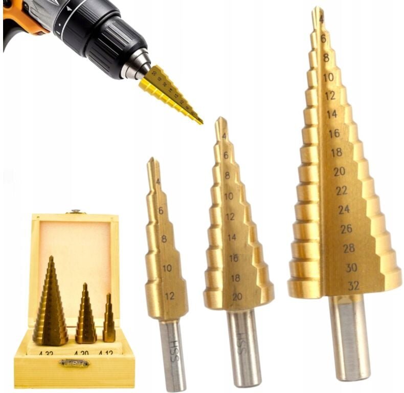 3-tlg. STUFENBOHRER MIT KEGELFORM Für Metall, Holz, Kunststoff