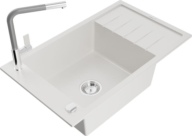 Elias 1 Becken-Granitspüle mit Abtropffläche und Mischbatterie Flora, Weiß - 6511-20-670401-06 - Mexen