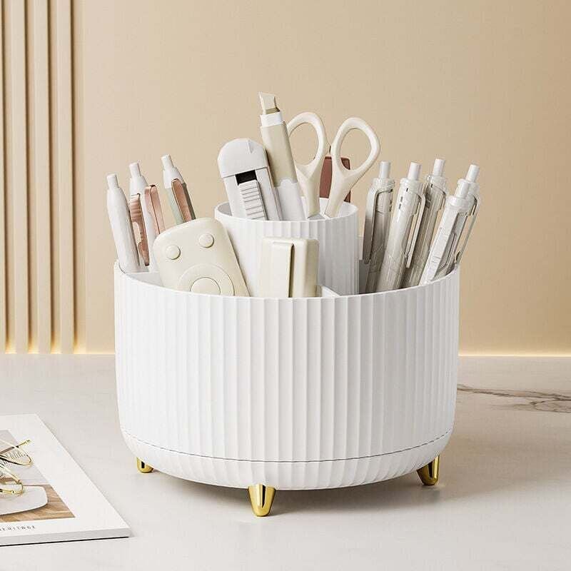 Weißer 360° drehbarer Schreibtisch-Organizer, multifunktionale Kosmetik-Aufbewahrungsbox, Schreibtisch-Organizer, Stifte...