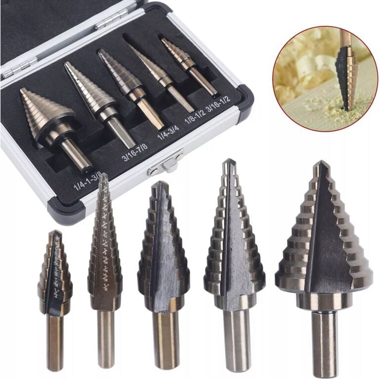 Thumbnail - Stufenbohrer 5 tlg Kegelbohrer hss Spiralnut Stufenbohrer Set Step Drill Bits Set Hochgeschwindigkeitsstahl Titanbeschic...