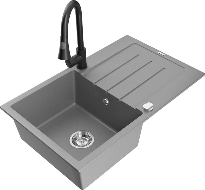 Bruno 1 Becken-Granitspüle mit Abtropffläche und Mischbatterie Elia, Grau - 6513-71-670101-70 - Mexen