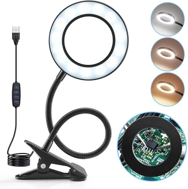5-fache Vergrößerungslampe, 360° flexible Leselupenlampe, 3 Farben, 10 Helligkeits-LED-Schreibtischlampe, dimmbare USB-K...