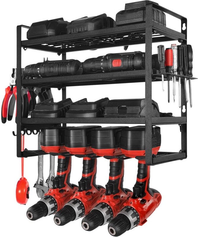 Mophorn Werkzeugaufbewahrung Wandhalterung, 4-stufiges Regal mit Bohrerhaltern, Werkzeughalter mit Schraubendreherablage...