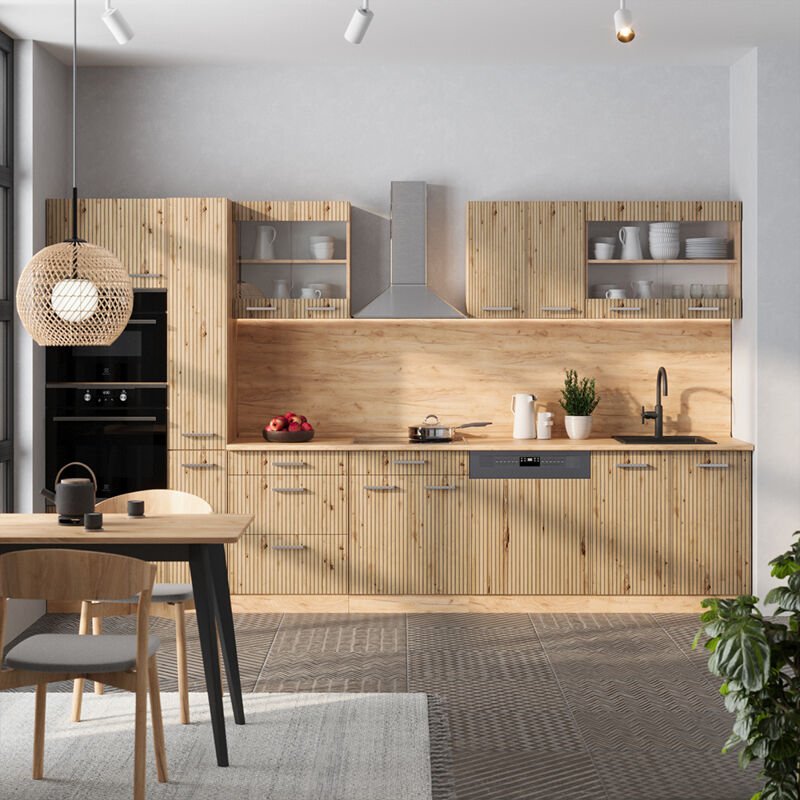Thumbnail - Vicco - Küchenzeile R-Line, Artisan-Eiche/Goldkraft Eiche, 350 cm mit Hochschrank, ap Eiche