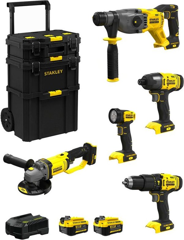 Stanley - FatMax Kit SVK501 (SFMCH900 + SFMCG400 + SFMCD711 + SFMCF800 + SFMCL020 + 2 x 4,0 Ah + Ladegerät + Caddy 3in1)