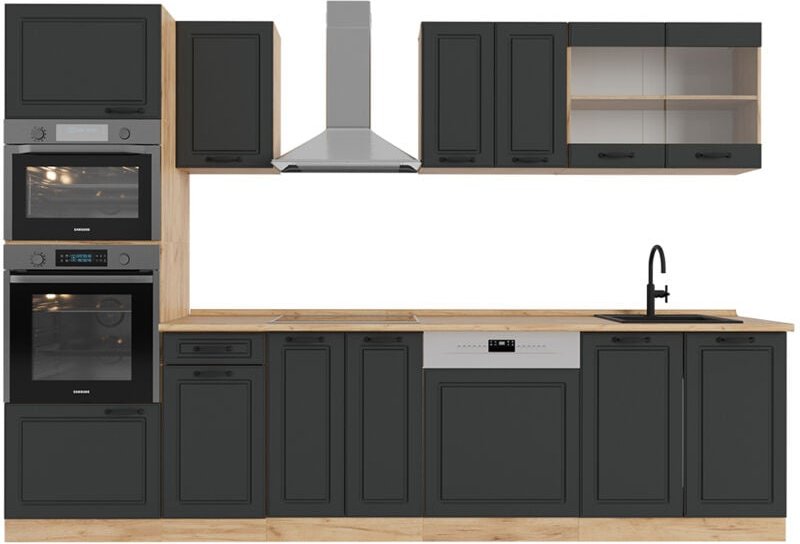 Vicco - Küchenzeile R-Line, Anthrazit Landhaus/Goldkraft Eiche, 300 cm mit Hochschrank, ap Eiche