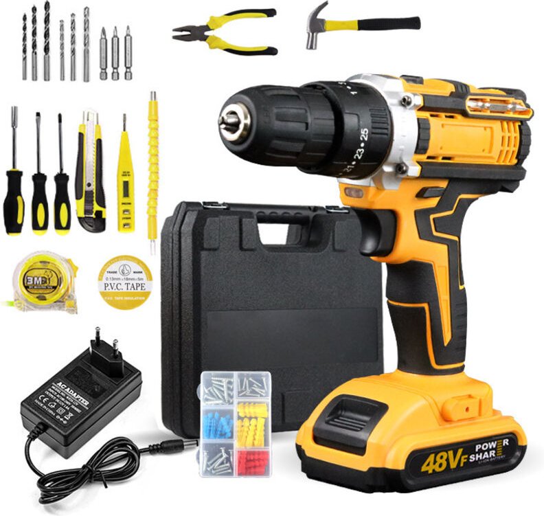 48 V Akku-Bohrschrauber, Schraubendreher mit 2 x 2,0 Ah Akkus, 42 Nm Schlagkraft, 20 Zubehörteile, 2 Geschwindigkeiten, ...