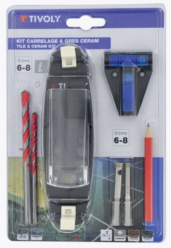7-teilige Blisterpackung mit 4 Bohrern für Fliesen und Beton, Ø 6-8 mm, 1 Führung, 2 Zubehör TIVOLY 12000820001