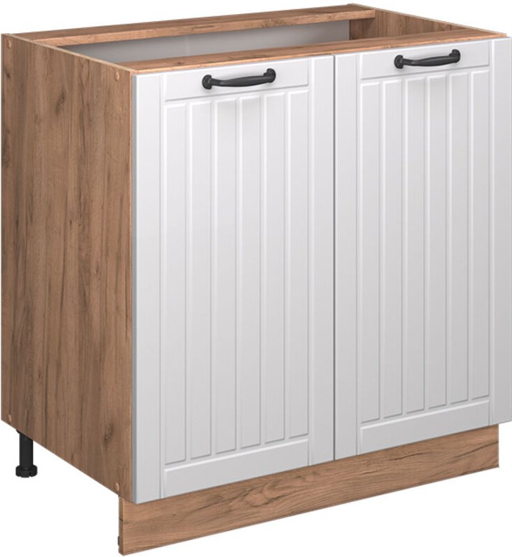 Küchenunterschrank Fame-Line, Weiß Landhaus, 80 cm mit Regal, AP Eiche, Vicco