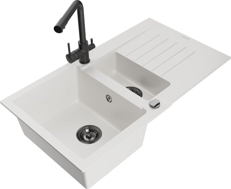Matias 1,5-Becken-Granitspüle mit Abtropffläche und Mischbatterie Duero, Weiß - 6502-20-671600 - Mexen