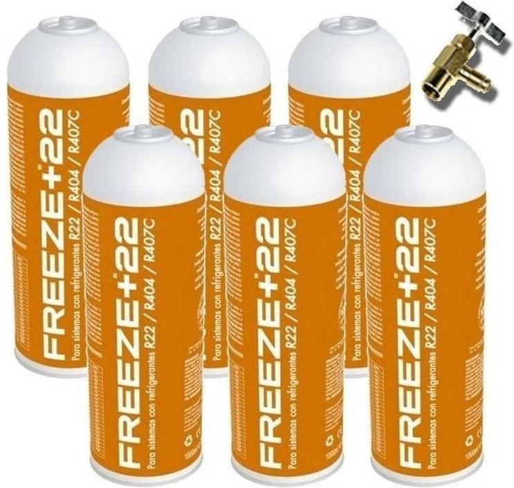 6 Botellas Gas Ecologico Refrigerante Freeze +22 400Gr + Valvula Organico Sustituto R22, R404, R407C