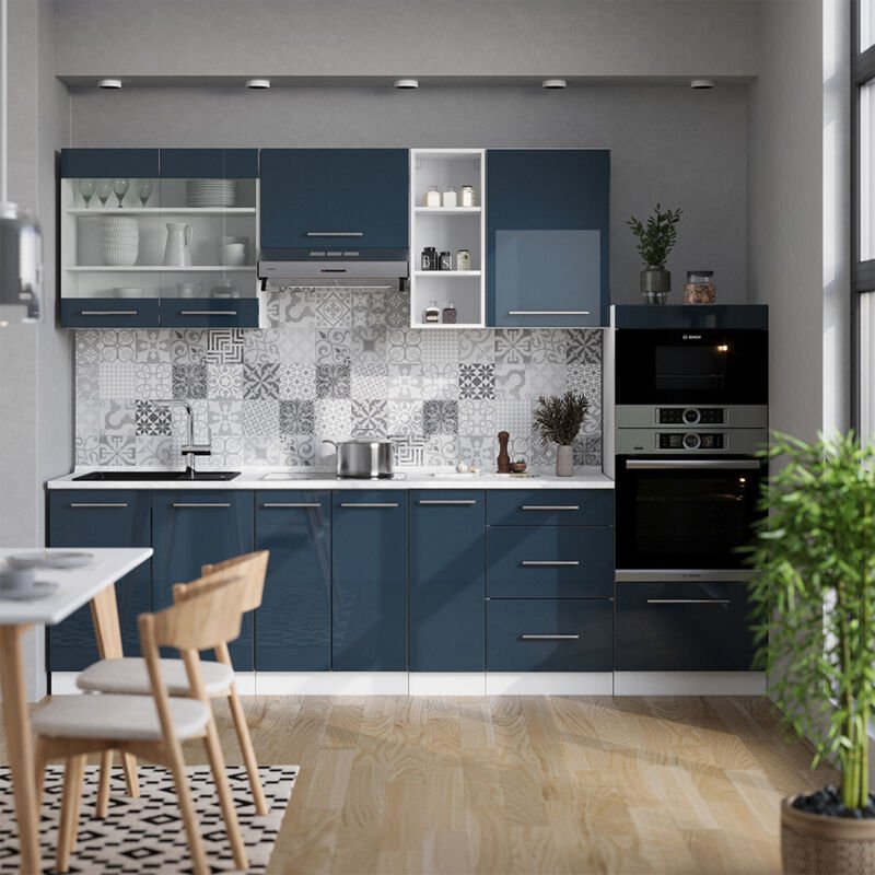 Vicco - Küchenzeile Fame-Line, Dunkelblau Hochglanz/Weiß, 280 cm , ap Marmor