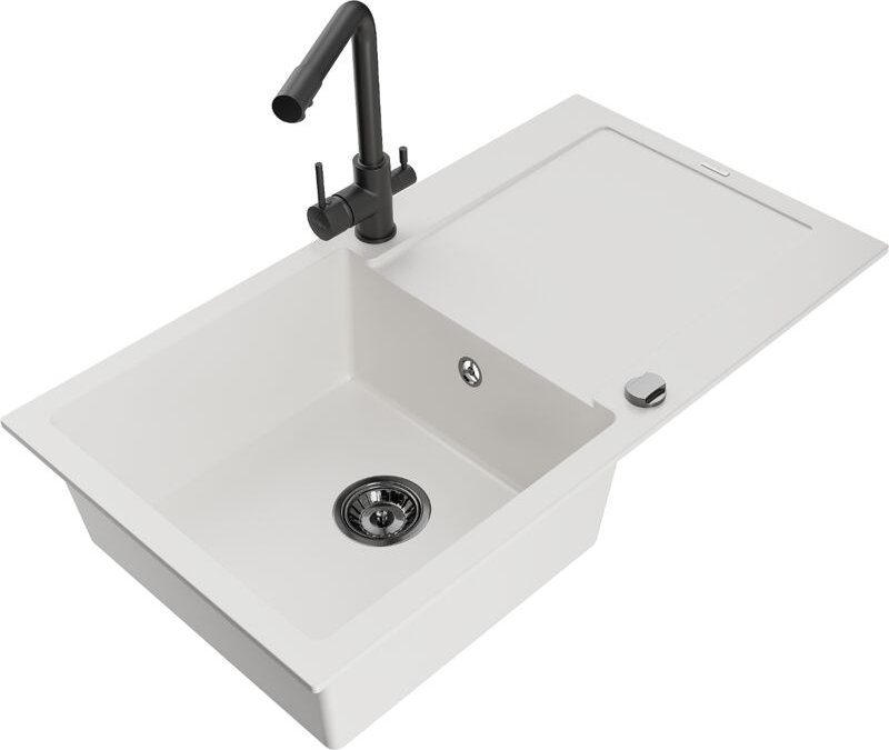 Leo 1 Becken-Granitspüle mit Abtropffläche und Mischbatterie Duero, Weiß - 6501-20-671600-70 - Mexen