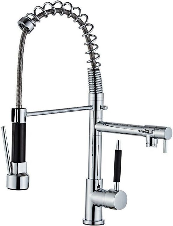 Küchenarmatur, Feder-Küchenmischer, 360° drehbar, mit Warm- und Kaltwasser erhältlich, Messing verchromt. mumu