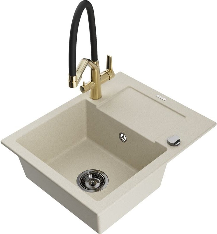 Enzo 1 Becken-Granitspüle mit Abtropffläche und Mischbatterie Duo, Beige - 6506-69-671701-57-B - Mexen