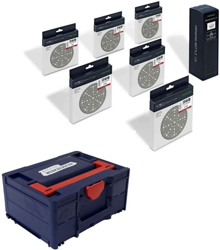 Schleifscheiben-Set Granat stf D150/48 GR-Set p inkl. Trinkflasche & ew Systainer³ m 187 blau / rot - Festool