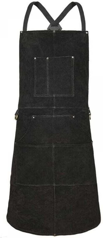 Schwarz) Schweißerschürze, Arbeitsschürze aus Rindsleder mit 6 Taschen, 61 x 91 cm, multifunktionale Küchenschürze, vers...