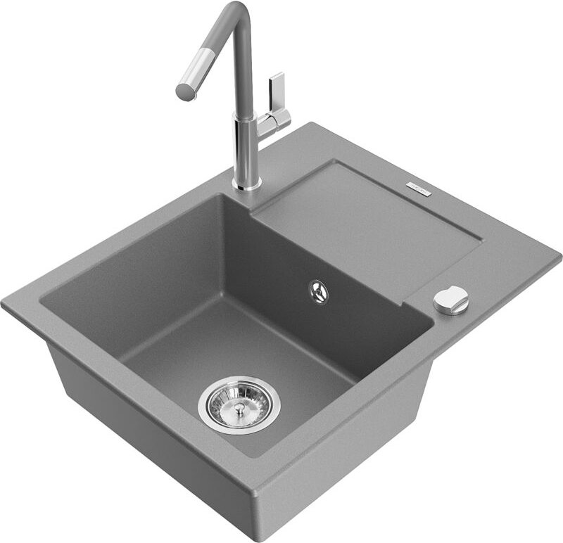 Enzo 1 Becken-Granitspüle mit Abtropffläche und Mischbatterie Flora, Grau - 6506-71-670401-06 - Mexen