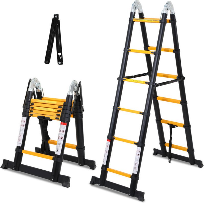 Teleskopleiter Ausziehleiter Klappleiter Stabil Aluminium Stehleiter bis 150kg 1,9m+1,9m gelblich schwarz ohne haken Mit...